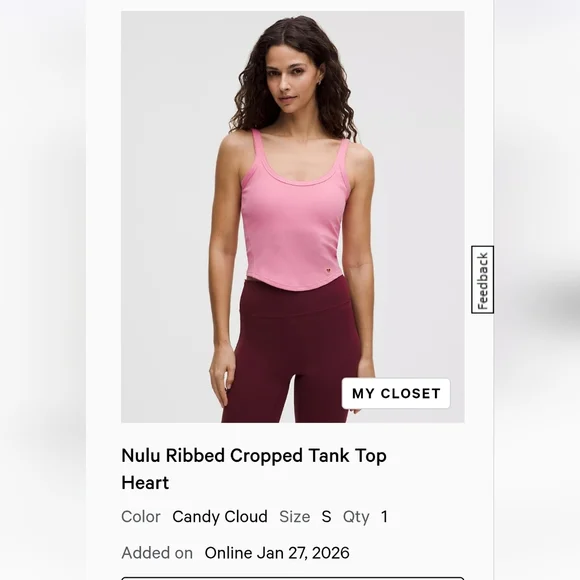 NWOT lululemon cropped ribbed tank top - Candy Cloud Pink sz S - Picture 1 of 3